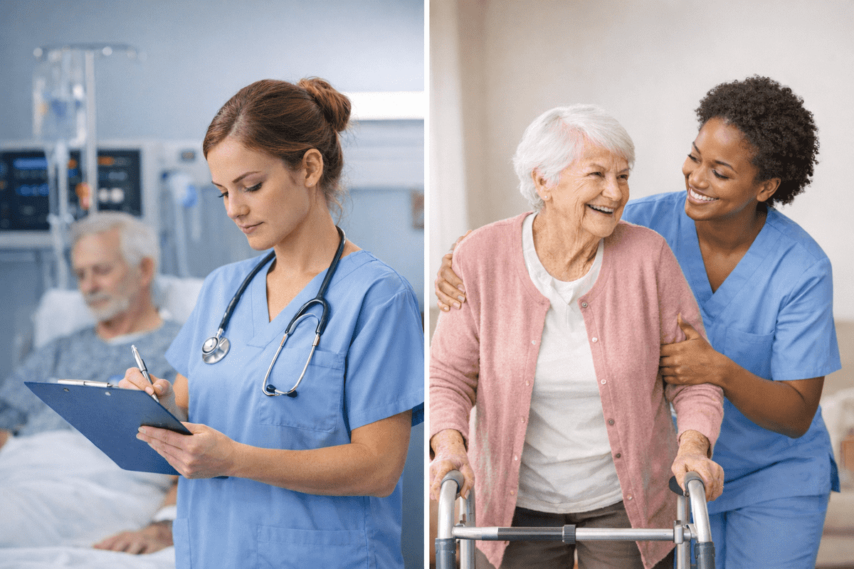 Split image showing LPN vs CNA roles, with a hospital nurse writing on a clipboard on the left and a home care nurse helping an elderly woman with a walker on the right