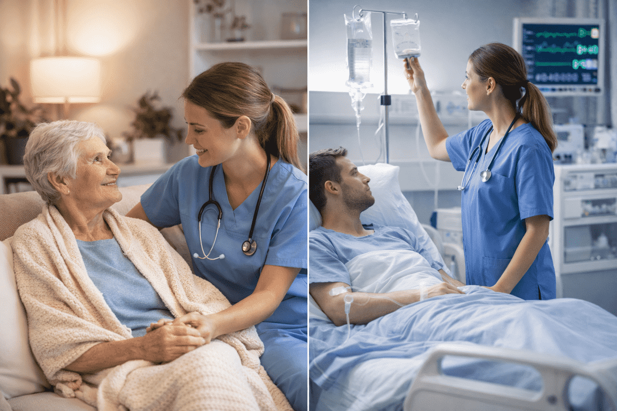 Split image comparing private duty nursing vs hospital nursing, showing a nurse with an elderly patient at home on the left and a hospital nurse adjusting an IV drip on the right